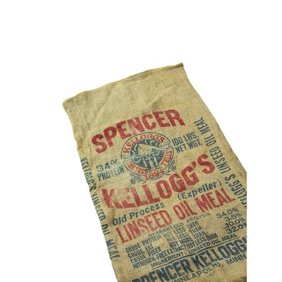 Antique Spencer Kellogg’s Soybean Oil Meal 100 LB Feed Sack Jute Burlap 21X38 - Picture 3 of 9